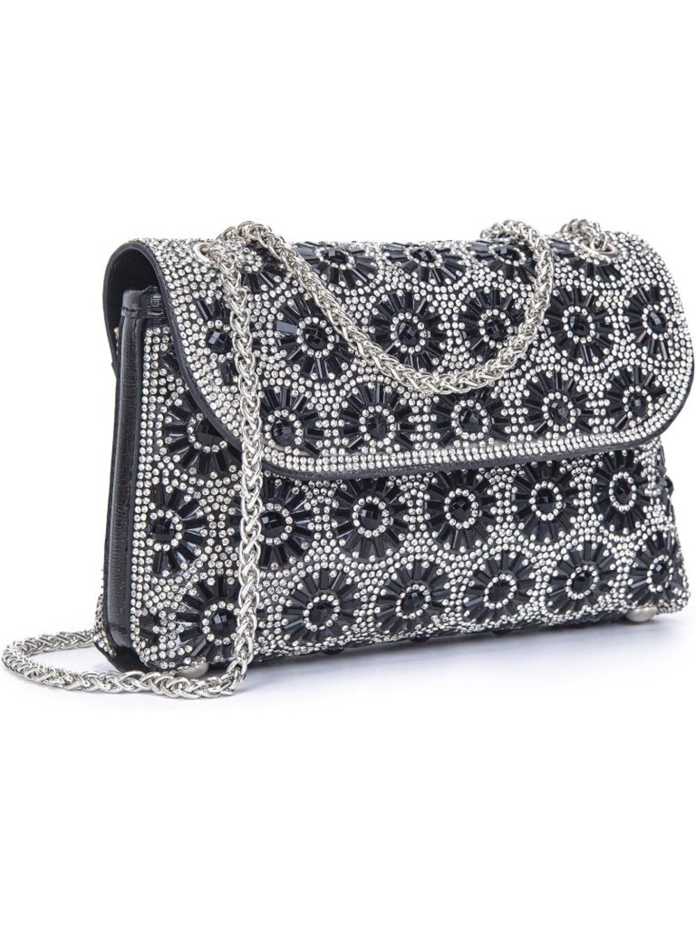 Womens Black White Rhinestone Evening Clutch Bag with Chain Strap Shoulder Purse